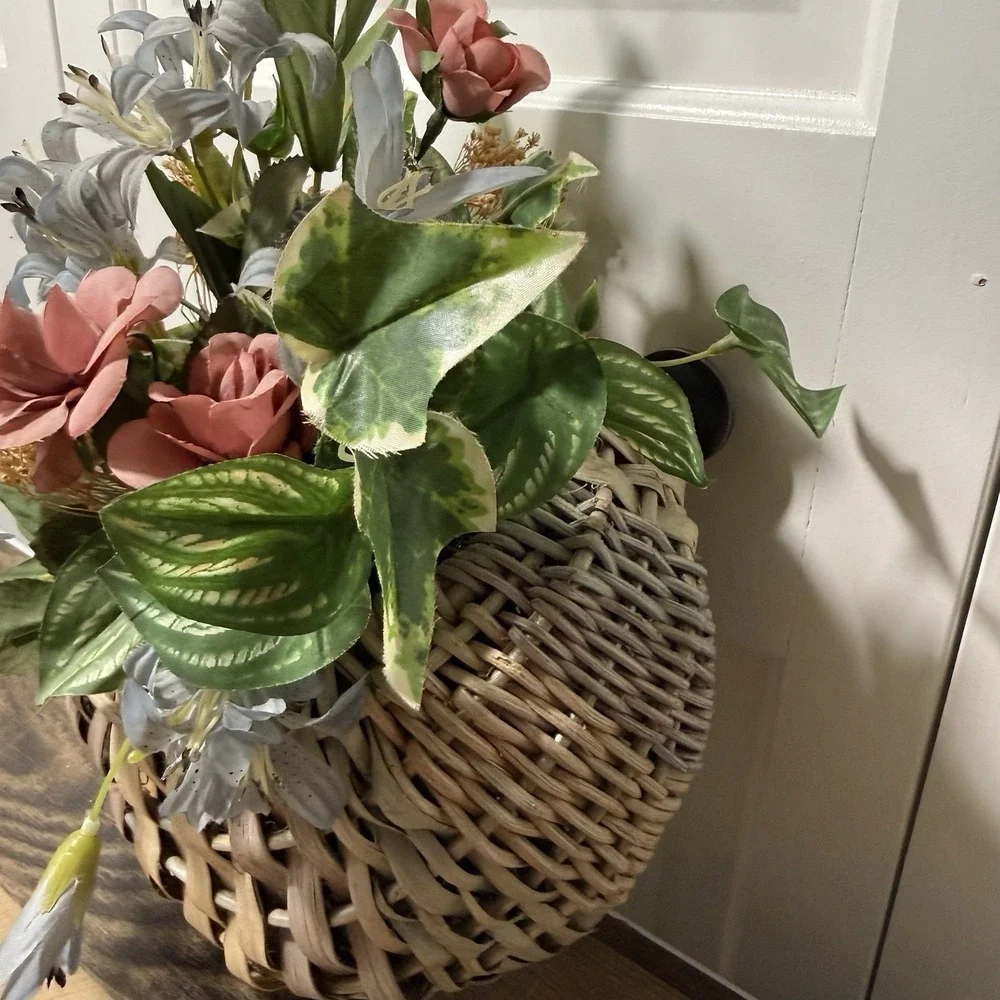 Vintage Pastel Basket Wall Pocket w/ Faux Flowers Pinks/blue Farmhouse Cottage
